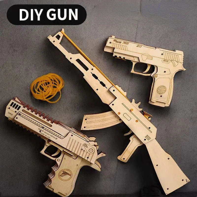 3D Wooden Mechanical Guns Shooting Models Building Block Assemble Outdoor Sport Puzzle Toy for Children Creative Gift