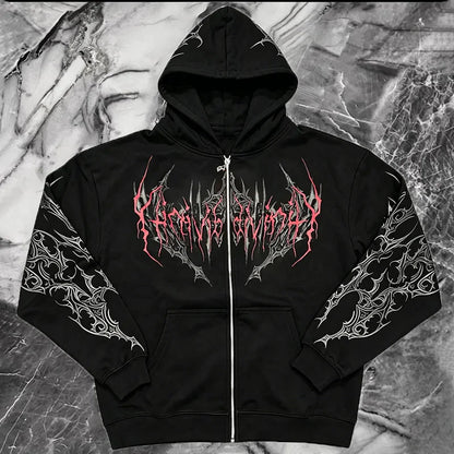 Men Gothic Skull Thorn Graphic Full Zip Up Hoodie Fleece Lined Long Sleeve Winter Punk Goth Streetwear Oversized Sweatshirt