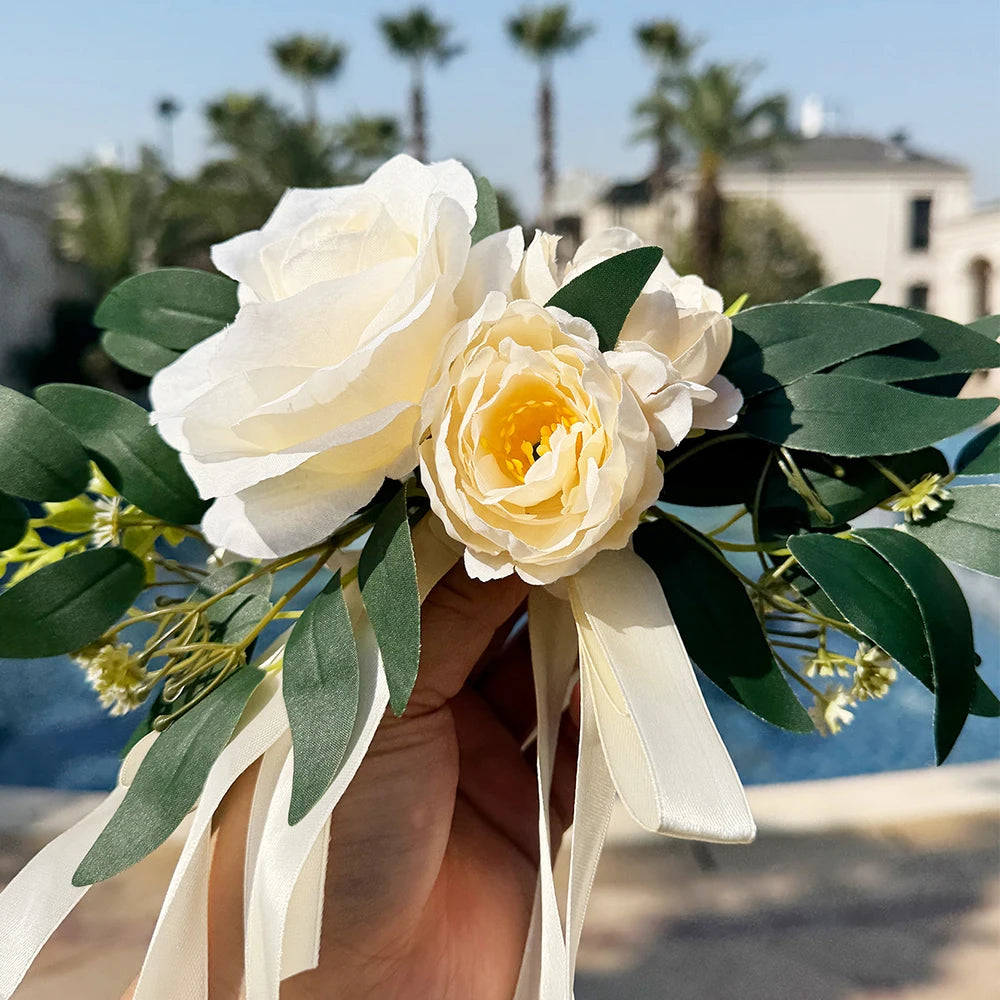 Artificial Wedding Car Flower Decorations, White Rose Car Mirror Decor, Car Accessory for Bridal Shower, Just Married,Party