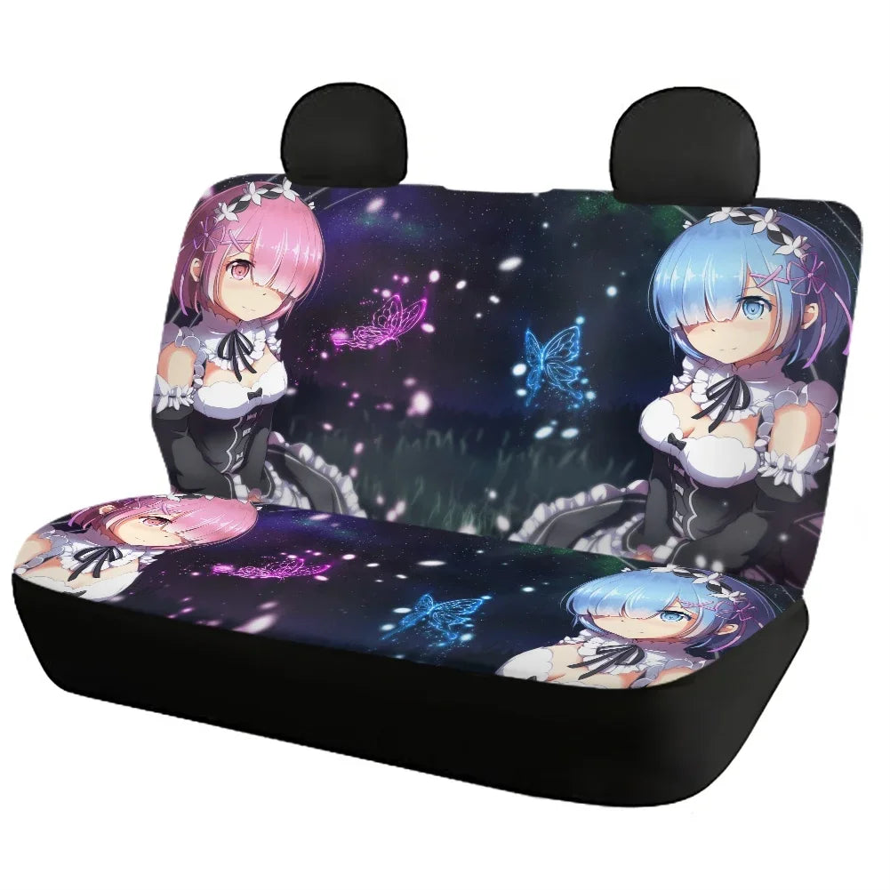 Re Zero Rem Ram 3D Printing Anime Universal Fit Car Seat Covers Black Front Seat Durable Washable Auto Mads Vehicle Seat Covers