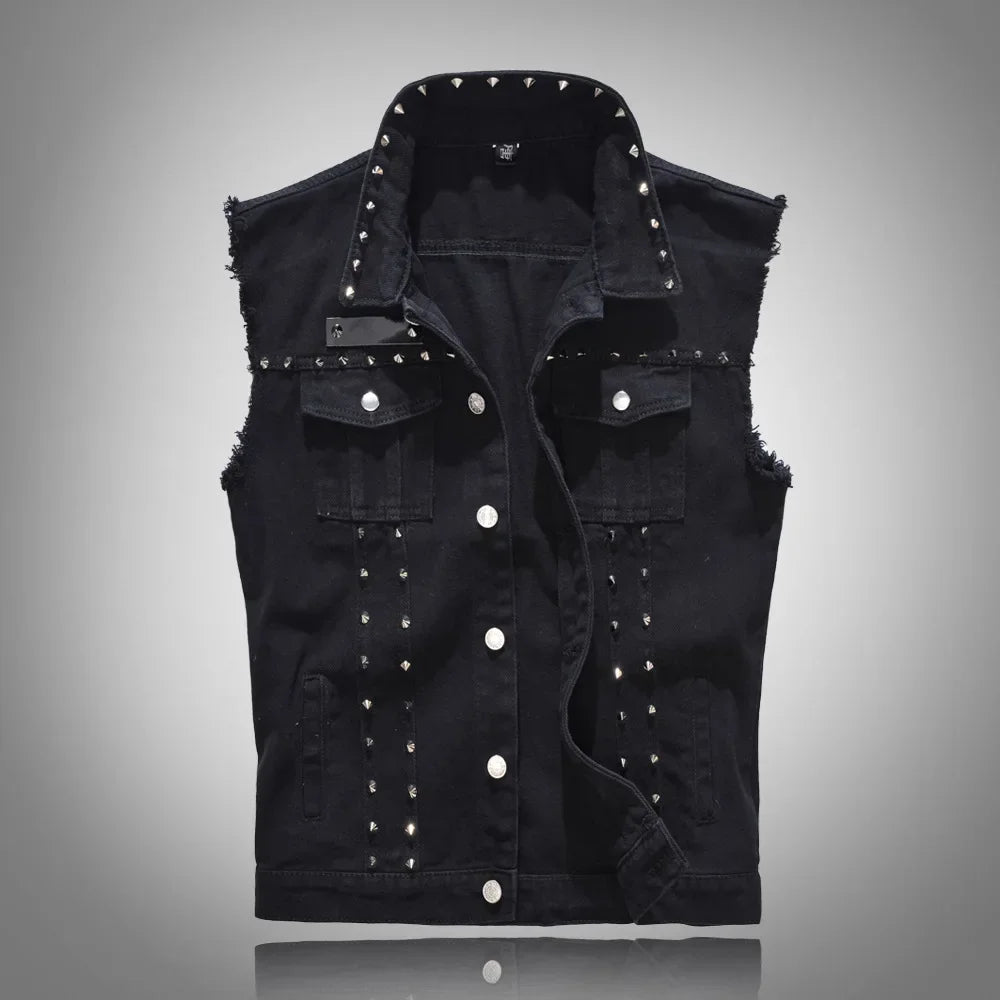 2026 Spring Fashion Men Rivet Denim Vest Punk Party Studded Slim Fit Jean Jacket Male Sleeveless Waistcoat for Men Plus Size 6XL