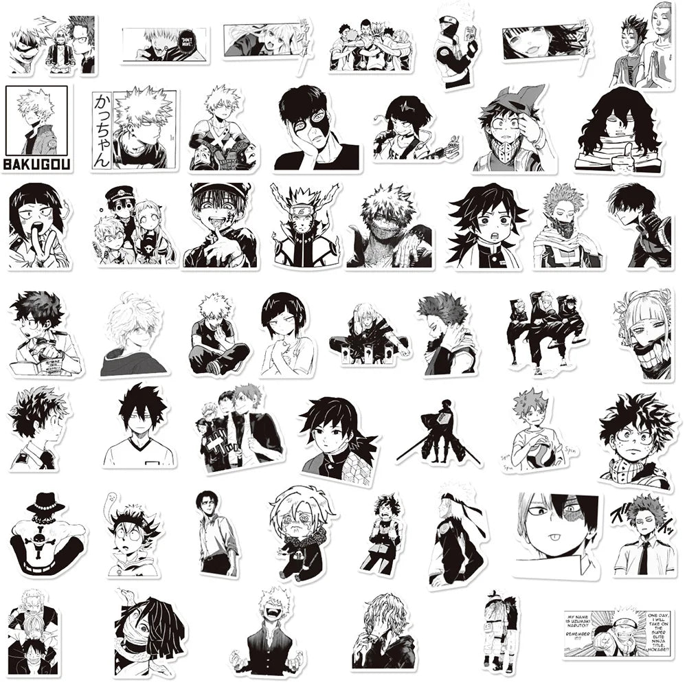 10/30/50/100PCS Mix Black White Anime Stickers Decoration Suitcase Scrapbooking Laptop Phone Stationery Cool Manga Sticker Toys