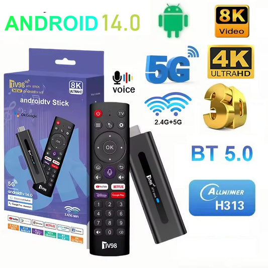 TV98 ATV Stick Smart Android 14.0 2GB 16GB Allwinner H313 HD 8K 4K Player 4G 5G Wifi Support OTA BT5.0 Voice Remote IPTV