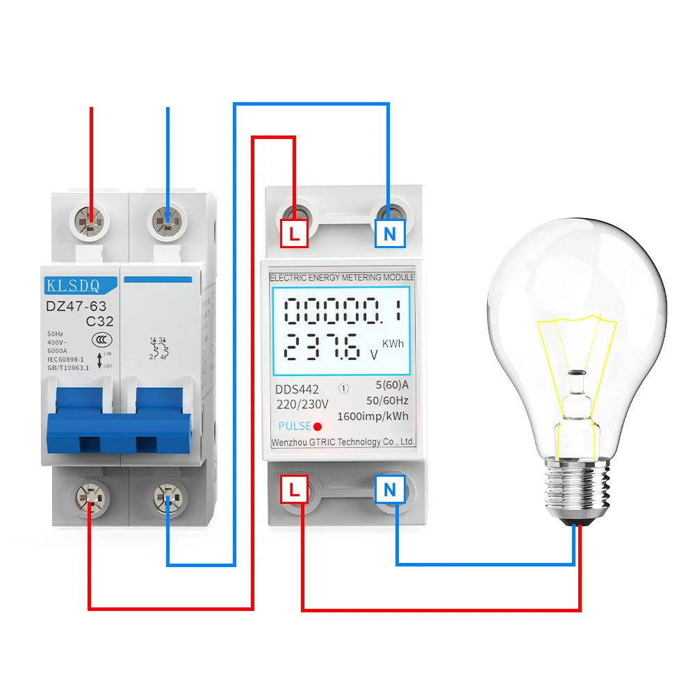 GTRIC Energy Meter 2P Single Phase Voltage Current Power Consumption Meter Wattmeter LCD Digital Display DIN Rail 230VAC 80A