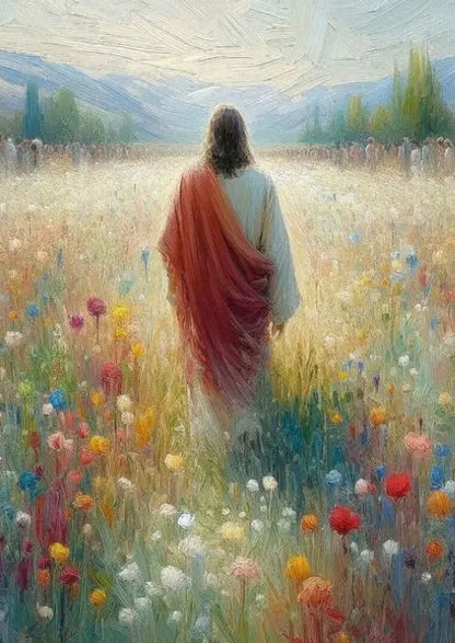 Graffiti Christian Jesus With Child Art Posters Christian Faith Jesus Walking In Flower Field Canvas Painting Bedroom Home Decor