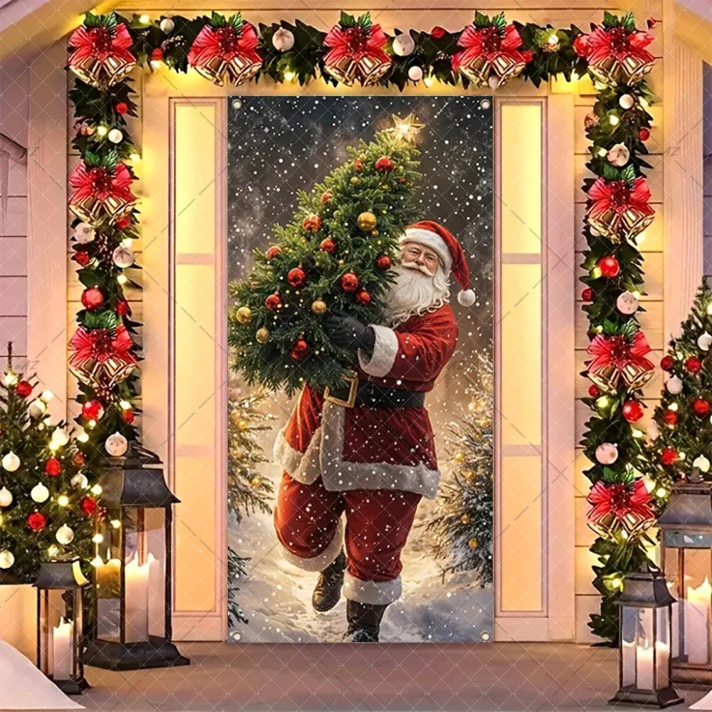 Christmas Humorous Santa Claus And Elk Door Banner Party Decorations Indoor Outdoor Veranda Door Cover Supplies Festive Gifts