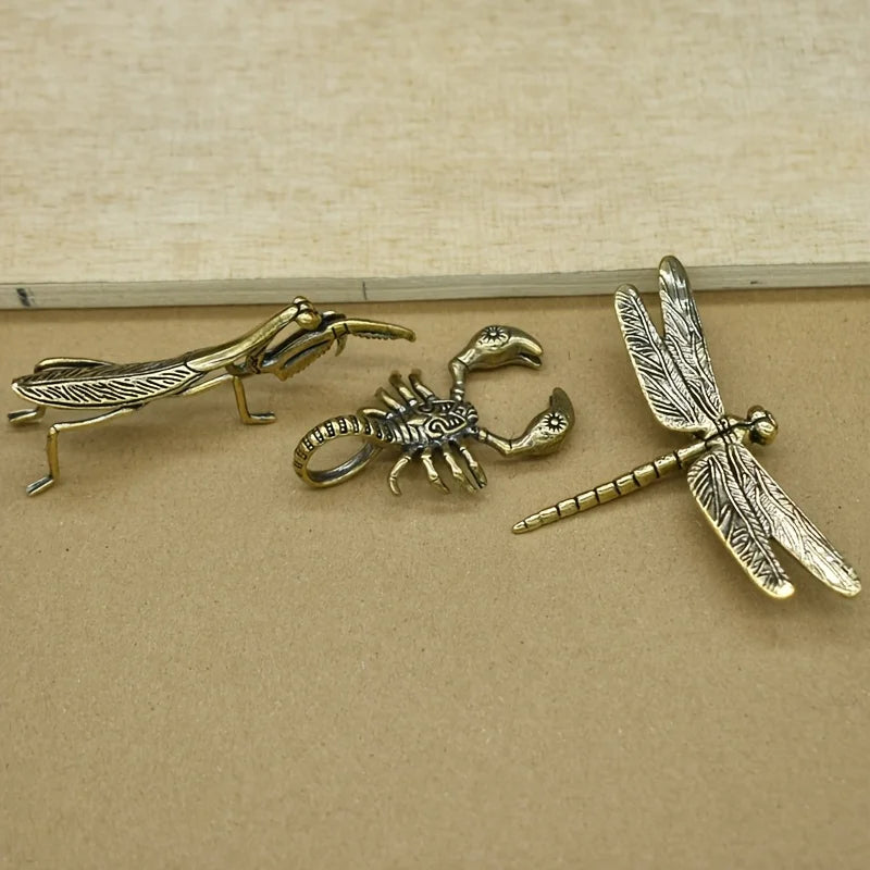 Set of 6 Solid vintage Brass Multi-Style Ornaments, Creative Sculptures of Animals and Plants