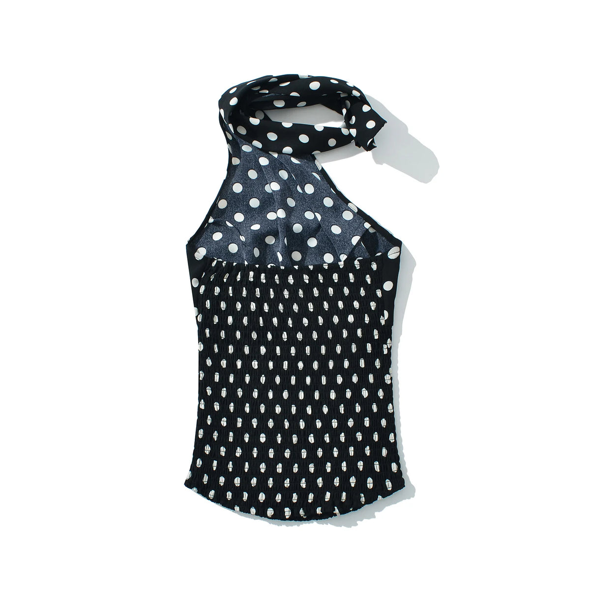Sexy Black White Polka Dot Halter Tank Top + Tie Bow Sashes Elastic Waist Ruched Ball Gown BUD Mini Skirt 2 Pieces 1 Set