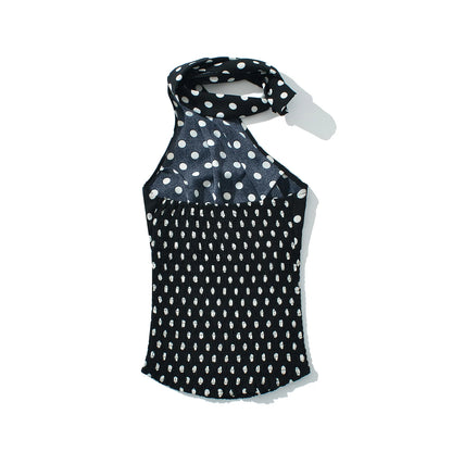Sexy Black White Polka Dot Halter Tank Top + Tie Bow Sashes Elastic Waist Ruched Ball Gown BUD Mini Skirt 2 Pieces 1 Set