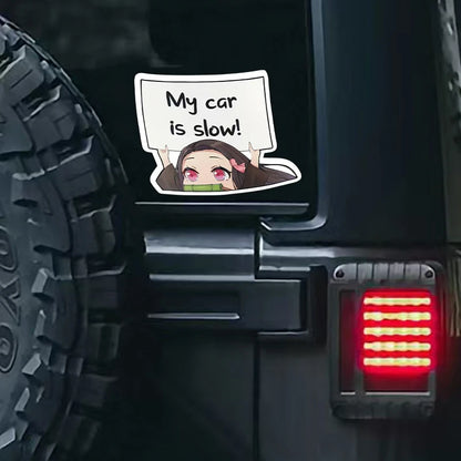 For Demon Slayer Nezuko MY CAR IS SLOW Car Stickers Funny Decal Campervan Vinyl Car Wrap JDM Decals 20CMX14.9CM
