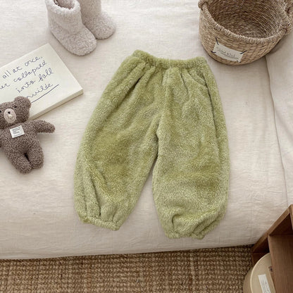 Solid Color Simple Casual Trousers Children's Home Clothes Autumn Winter Warm Plush Long Pant Baby Girls Boys Clothing Pants