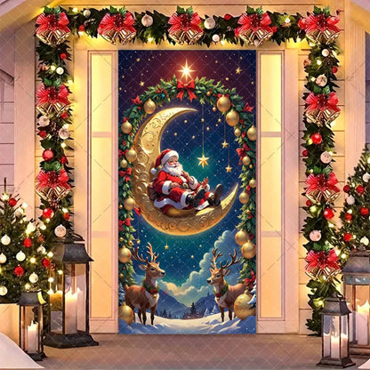Christmas Humorous Santa Claus And Elk Door Banner Party Decorations Indoor Outdoor Veranda Door Cover Supplies Festive Gifts