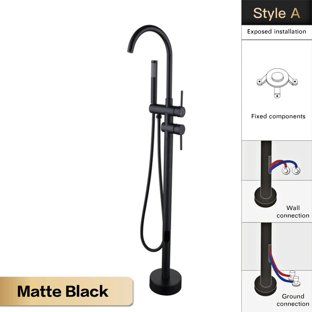 AITANA Luxury Black Brass Bathroom Faucet. Floor Standing Design with Simple 2 Handle Hot and Cold Bathtub and Dual-Mode Faucet