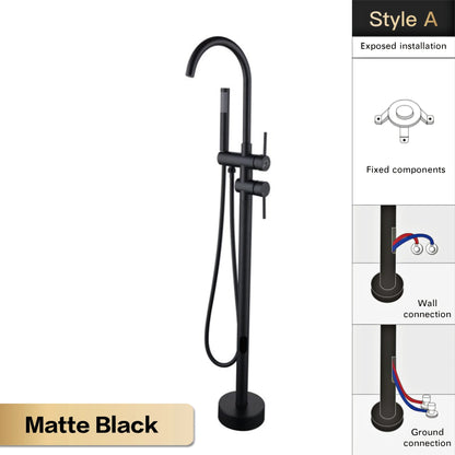 AITANA Luxury Black Brass Bathroom Faucet. Floor Standing Design with Simple 2 Handle Hot and Cold Bathtub and Dual-Mode Faucet