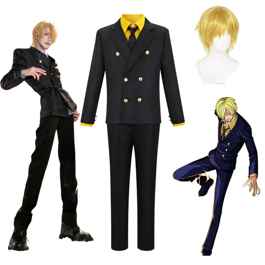 Men's Anime Style Blue Yellow Striped Cosplay Shirt Suit Full Set Adult Halloween Party Role Play Outfit for Men