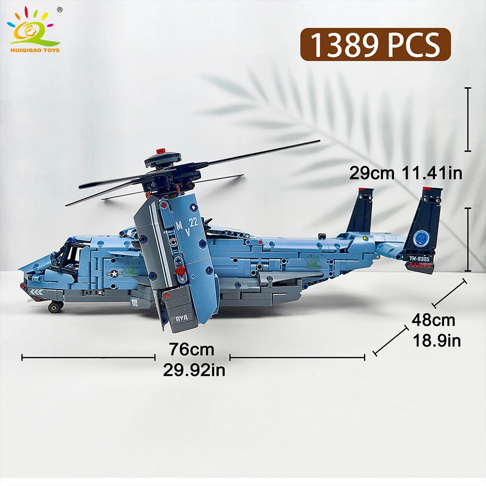 HUIQIBAO MOC V-22 Tiltrotor Aircraft Helicopter Building Block Children Military Airplane Model Bricks Toy Home Decor.