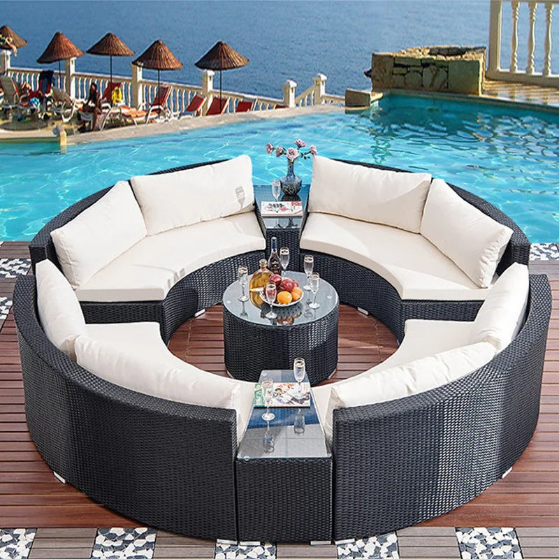 Round rattan sofa Outdoor rattan art Semicircular Leisure rattan curved Living room combination furniture