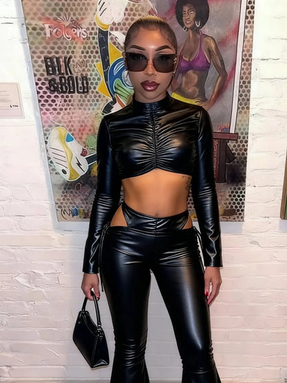 Sisterlinda Hollow Shirring Sexy 2 Piece Set Women Hipster Full Sleeve Crop Tops+High-Waist Flare Pants Matching Streetwear