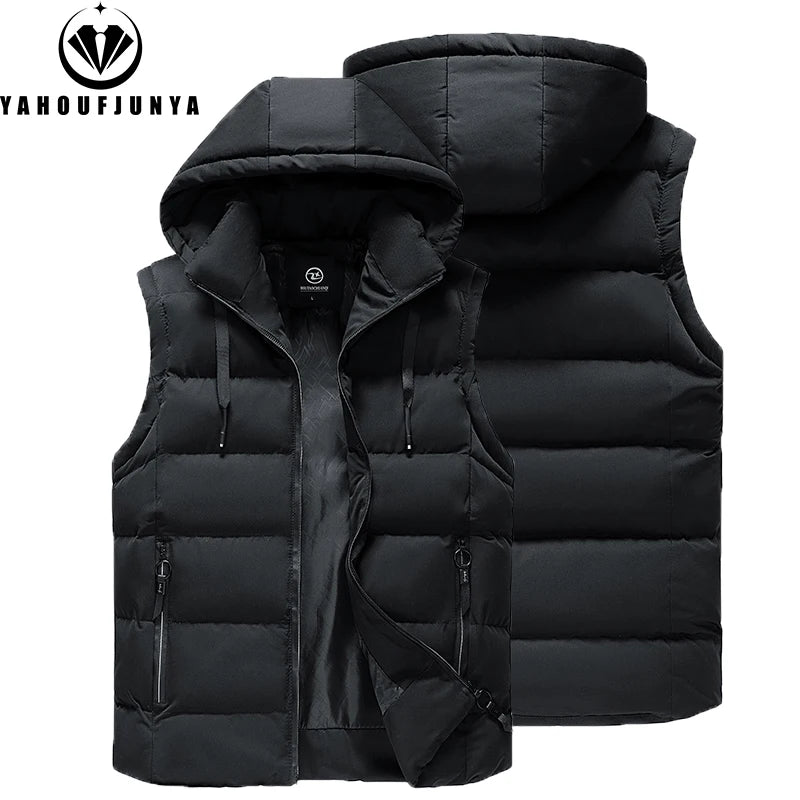 Men Autumn Sleeveless Outdoors Casual Solid Warm Vest Men Winter Detachable Hooded Fleece Pocket Zipper Fashion Vest Male Coat