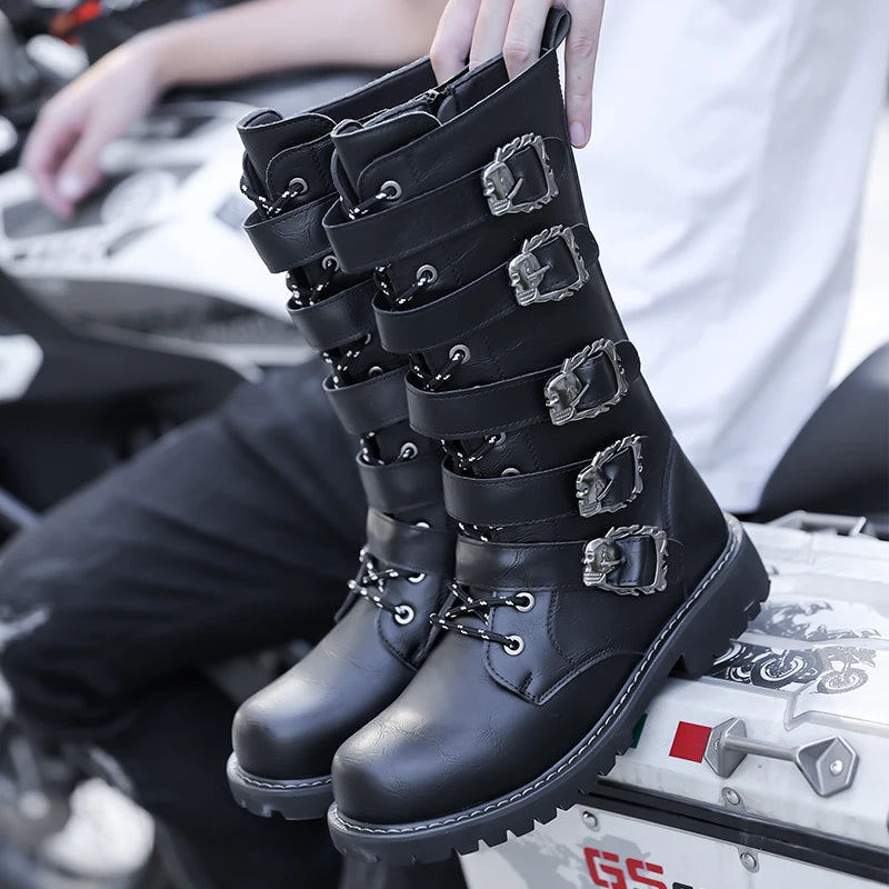 Winter Men Fashionable Boots with Belt Buckle Decoration Side Zipper Anti Slip Personalized Youth Knight Boots