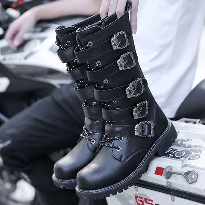 Winter Men Fashionable Boots with Belt Buckle Decoration Side Zipper Anti Slip Personalized Youth Knight Boots