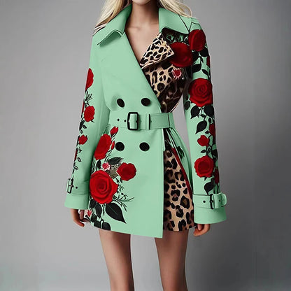 Women's Chic Trench Coat Red Rose Leopard Print Double Breasted Belted Lapel Long Sleeve Casual Outerwear Winter Female Jackets