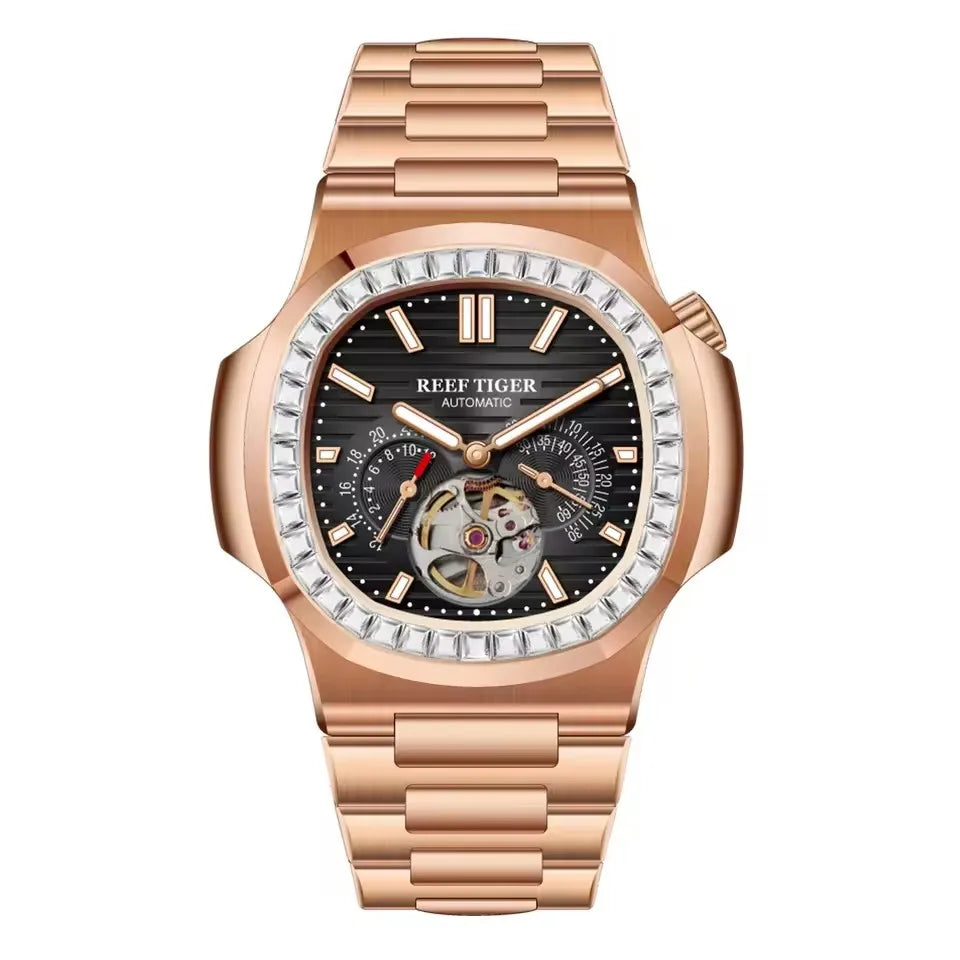 OBLVLO Men Automatic Watch Luxury 44mm Mechanical Wristwatch 50m Waterproof Sapphire Luminous Skeleton Dial 24 Hours