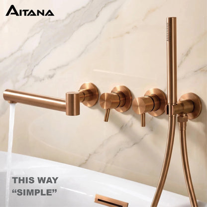 Simple Luxury Gun Gray Brass Bathroom Faucet with Wall Design and a Dual Handle Bathtub Mixer for Both Hot and Cold Water