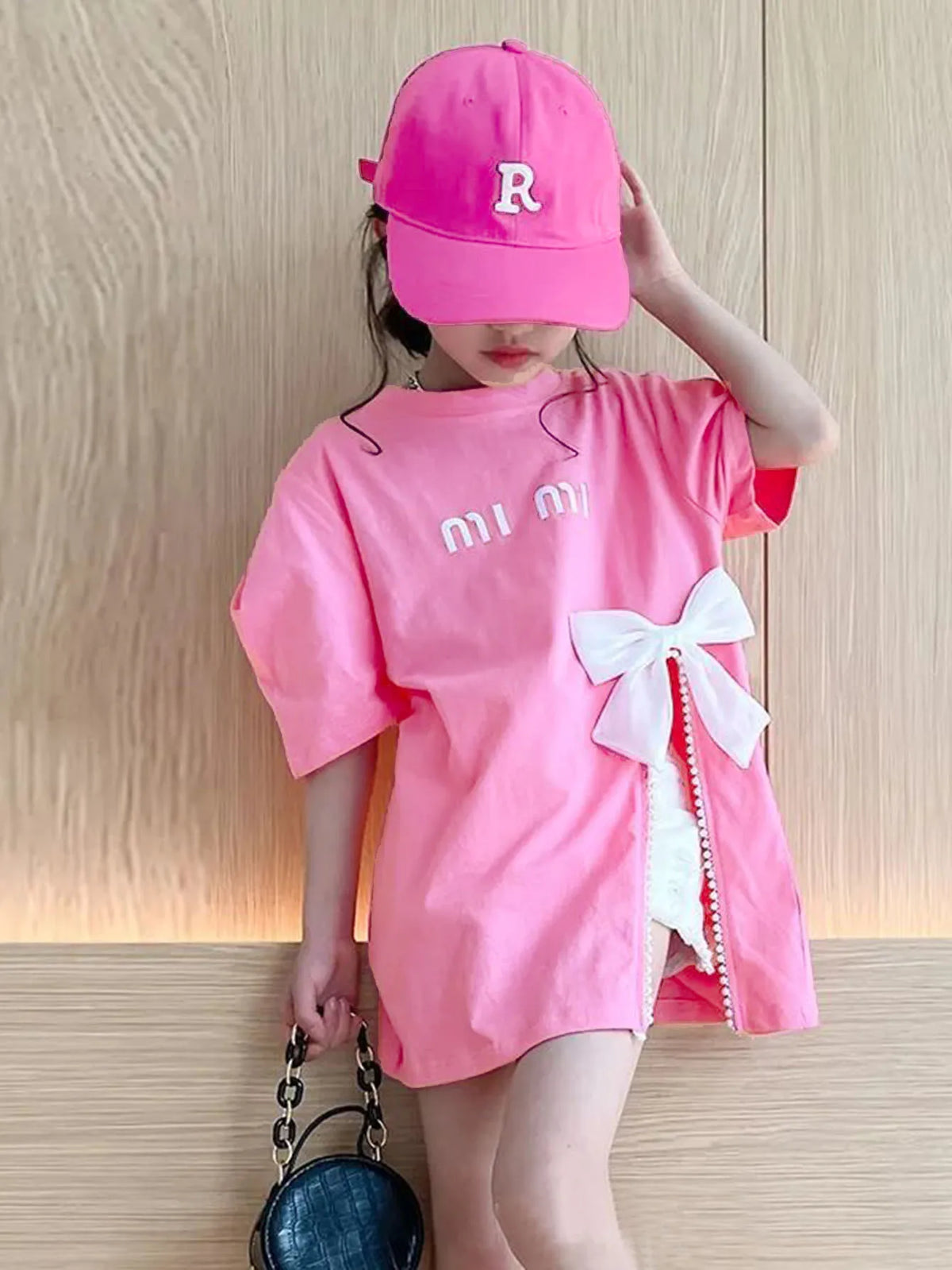 Summer Kids Girls T-shirt Letter Printing Bow Split Loose Long Children's T-Shirt Tops For 3-12 Years Girl Clothing