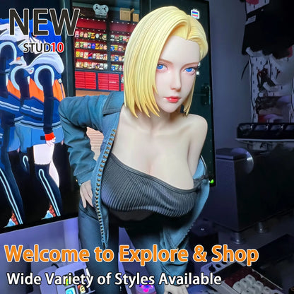 Dragon Ball Android 18 collectible statue figure displayed with vibrant background and shop promo.