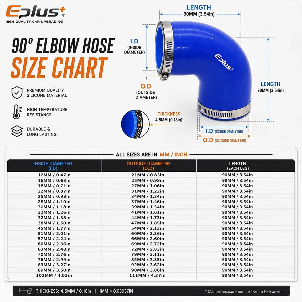 EPLUS Universal 4-Ply 90 DegreesSilicone Silicone Hose Coupler Reinforced Turbo Intake Intercooler Pipe Joiner Adapter Blue Blac
