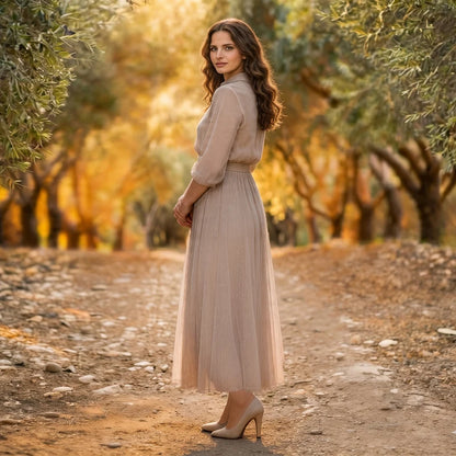 2pcs Set Shabbos Outfit XS-3XL Long Sleeve Shirt And Maxi Skirt Formal Mesh Outer Satin Lining Elegant Girl and Lady Clothing