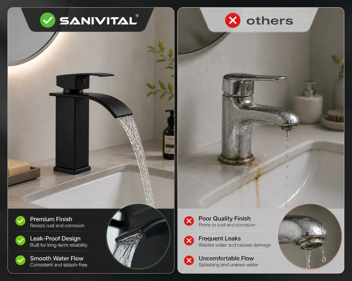 SANIVITAL Basin Faucet Matte Black Waterfall Spout Single Handle Hot Cold Bathroom Sink Mixer Tap Deck Mounted