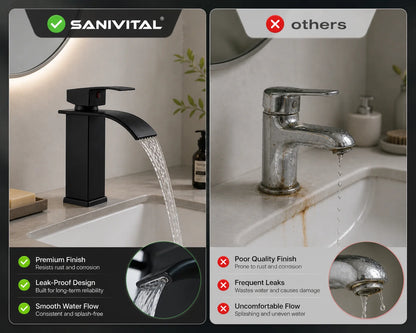 SANIVITAL Basin Faucet Matte Black Waterfall Spout Single Handle Hot Cold Bathroom Sink Mixer Tap Deck Mounted