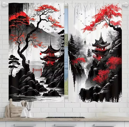 Launch The 2-Panels Japanese Warriors and Women Under Cherry Blossom Trees Semi Blackout Curtain - Improve Your Home Decor