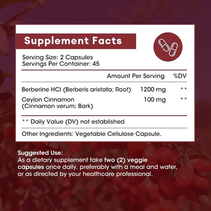 Berberine HCl 1200mg, 120 Capsules Vegetarian - Gluten Free and Non GMO