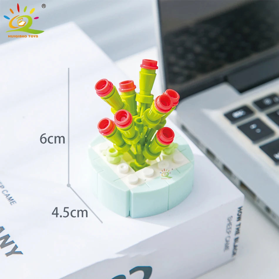 HUIQIBAO MOC Flower Succulent Potted Model Building Block DIY Eternal Bouquet Home Desk Plant Decor Brick Girl Gift Children Toy