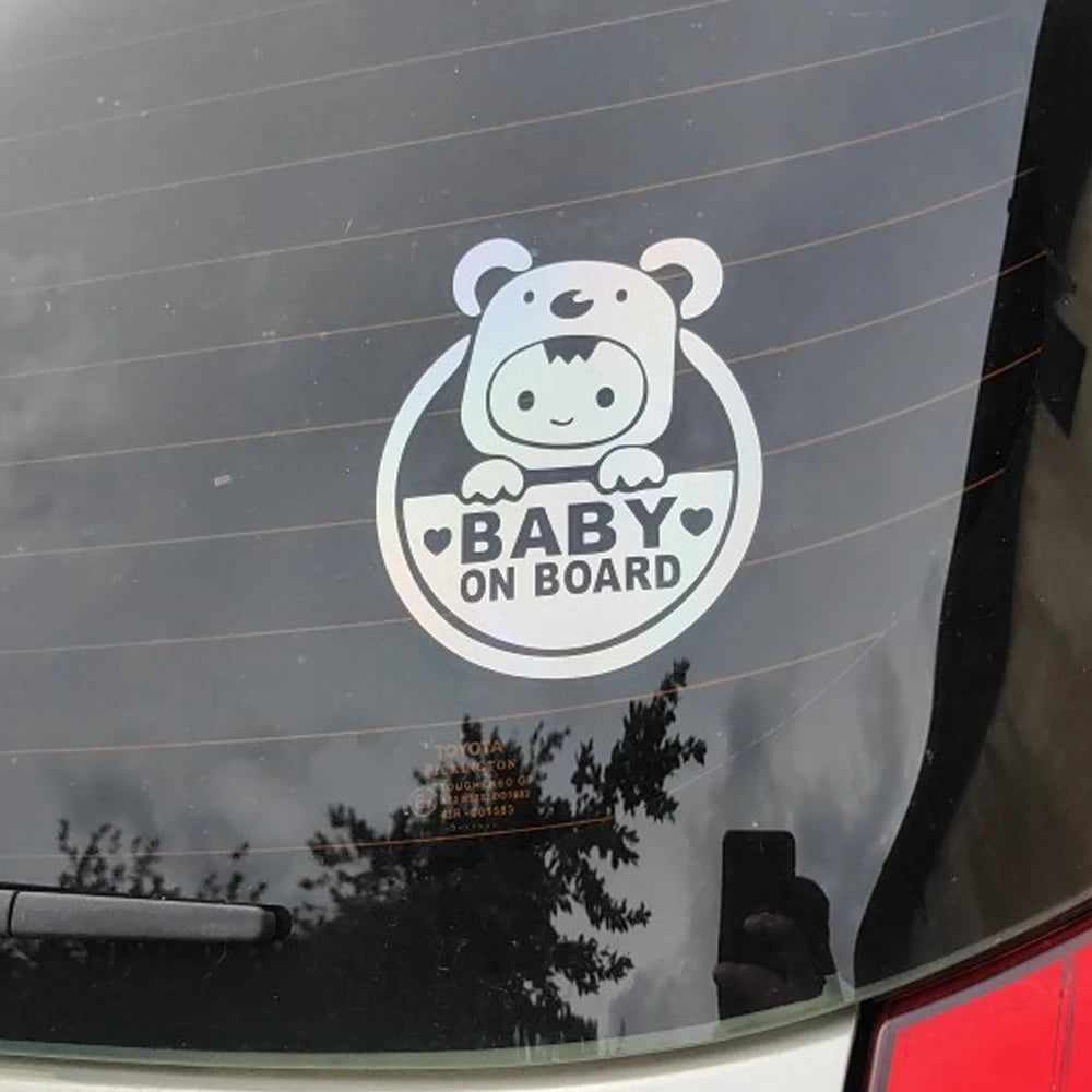 Baby On Board" Reflective Car & Motorcycle Decal - Durable Pvc, Cartoon Safety Warning Sticker For Windows