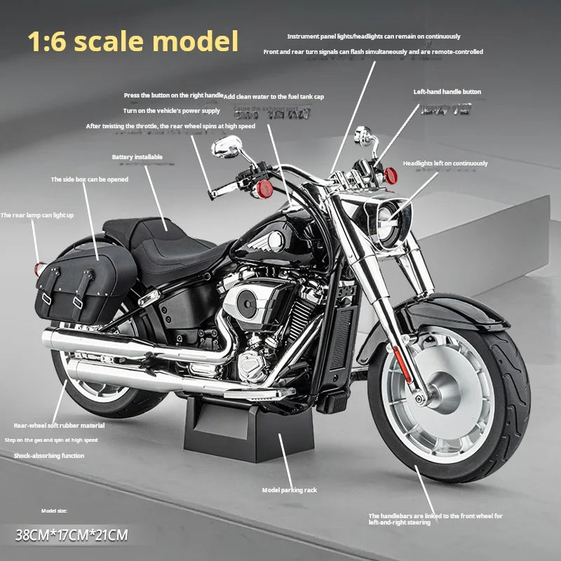 1:6 Harley Fat Boy Retro Heavy Motorcycle Diecast Alloy Simulated Remote Control Ignition & Spray Effect Toy Model Collect