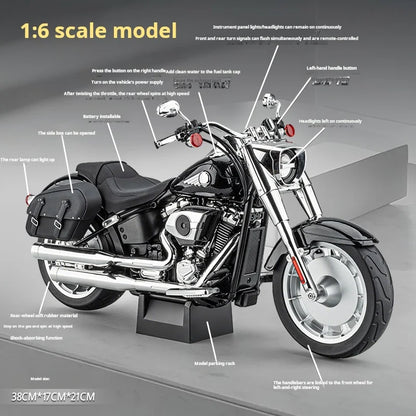 1:6 Harley Fat Boy Retro Heavy Motorcycle Diecast Alloy Simulated Remote Control Ignition & Spray Effect Toy Model Collect
