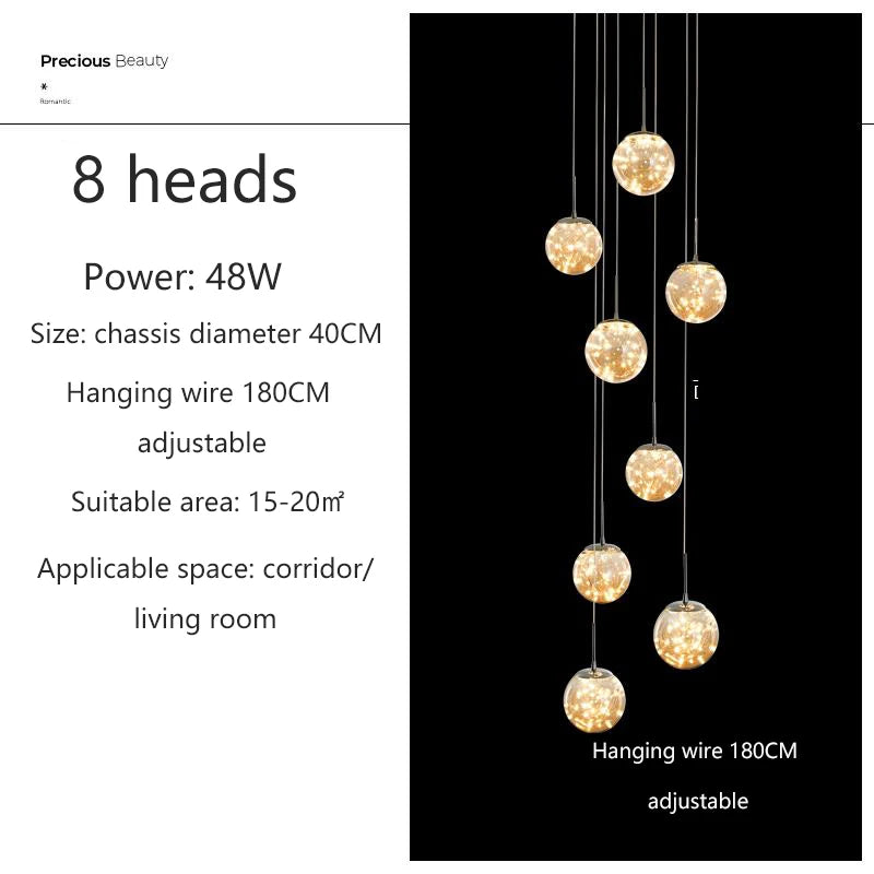 Modern LED Glass Ball Dimmable Chandelier Staircase Lustre Living Room Chandelier Lustre Home Decoration Ceiling Chandelier
