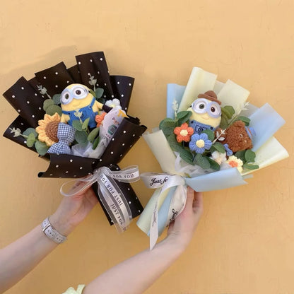 Genuine Amine Minions Plush Dolls With Sunflowers Roses Creative Bouquets Christmas Birthday Graduation Valentine Gifts