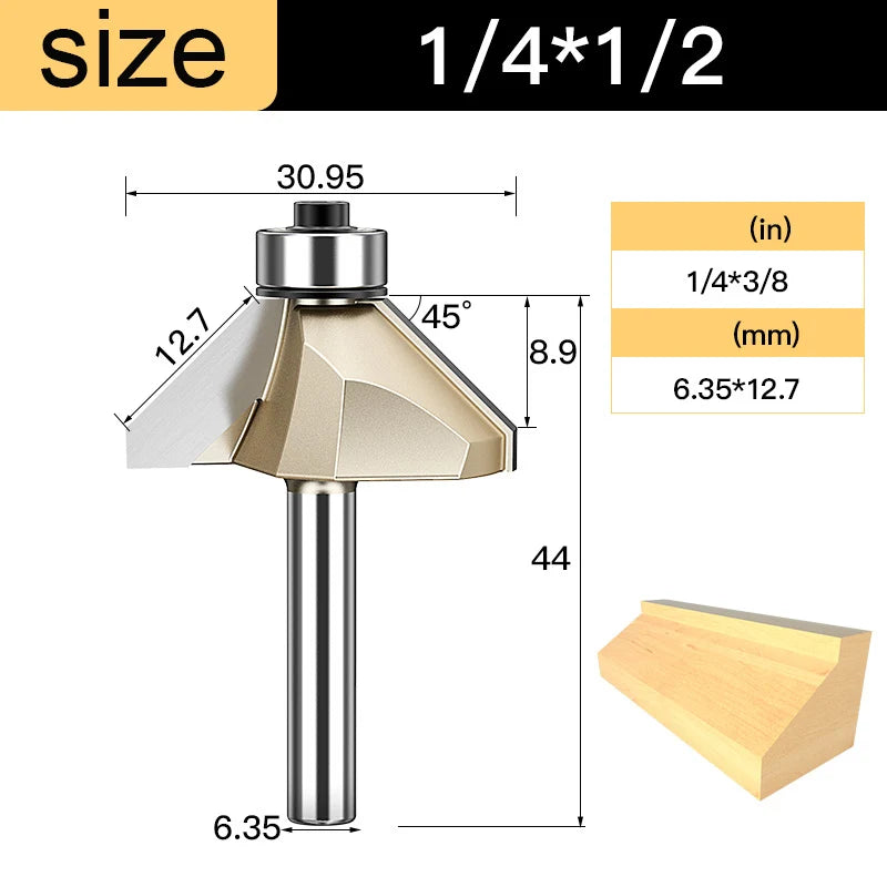 Tideway 45 Deg Bevel Edge Forming Chamfer Router Bits with Bearing Chamfering CNC Wood Cutting Tools Woodworking Milling Cutter