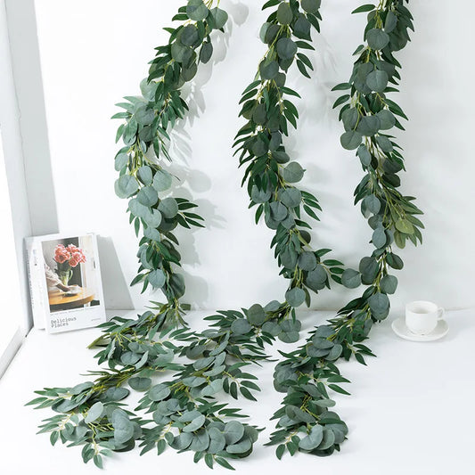 Artificial Eucalyptus Garland 1Pk 5.7ft Mixed Leaf Vine Realistic Foliage for Wedding Xmas Farmhouse Table Mantel Home Decor