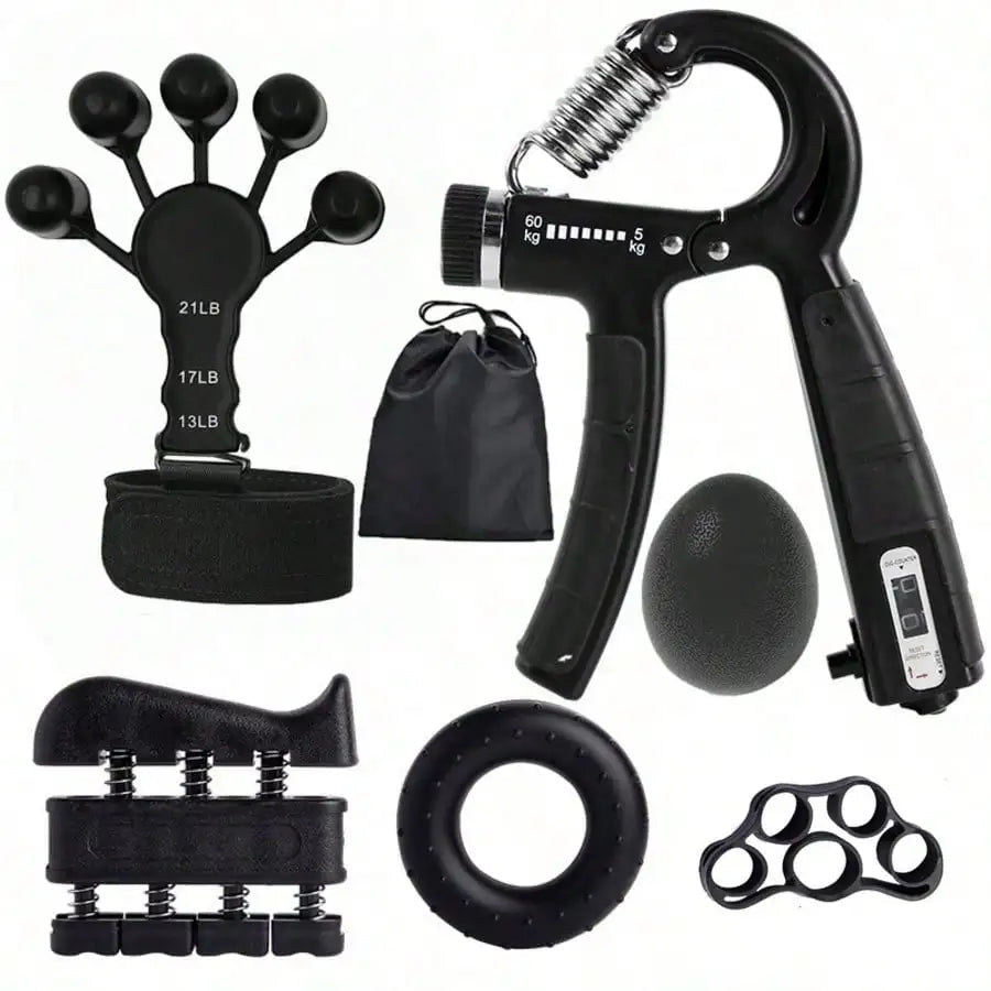 Adjustable Counting Hand Gripper 5-Piece Set: Forearm Trainer, Finger Stretch Rope, Grip Ring & Stress Ball for Strength Trainin