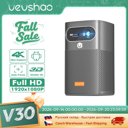 VEVSHAO V30 400ANSI DLP Projector Android 9.0 TOF Focus 3D Dual-band WiFi Bluetooth 5.0 15000mAh Battery Home Theater