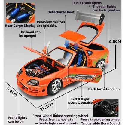 1:24 Scale Supra A80 911 GT3RS Supercar Model Toy Alloy Diecast Shock Absorption Doors Opened Sound Light Collection Sports Cars