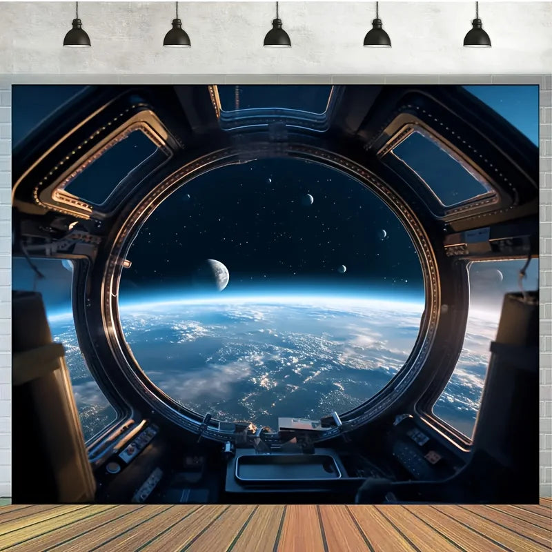 VIKAMA Spacecraft Porthole Earth Starry Sky Theme Tapestry Bedroom Living Room Gaming Room Decor Room Decor