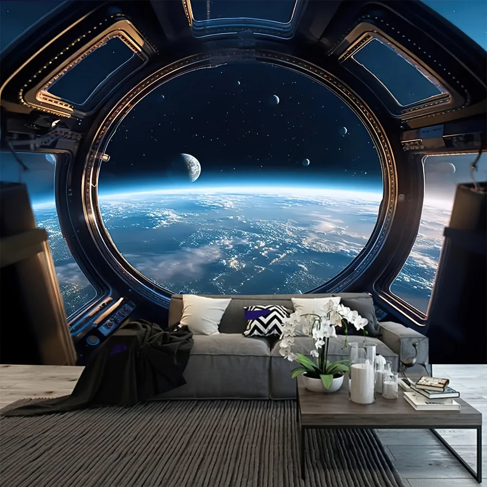 VIKAMA Spacecraft Porthole Earth Starry Sky Theme Tapestry Bedroom Living Room Gaming Room Decor Room Decor
