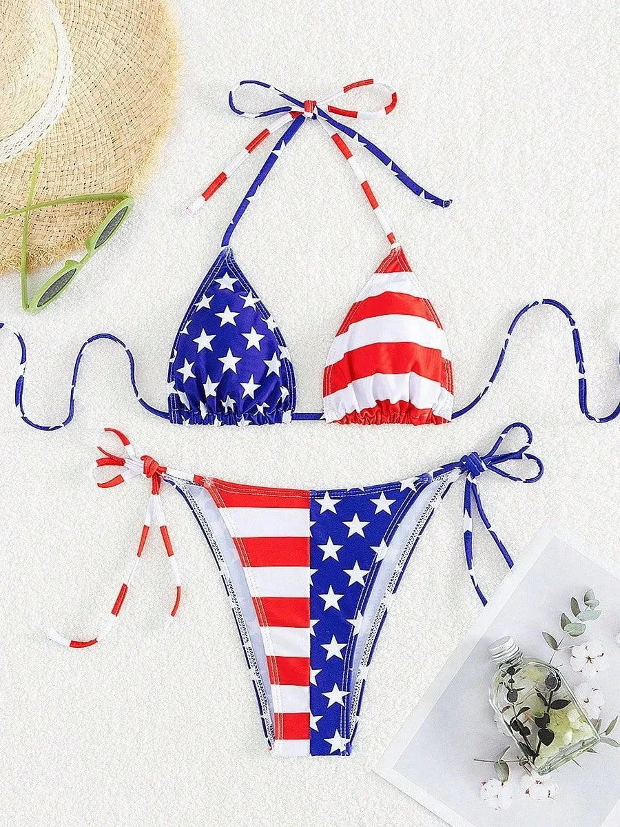 American Flag Print Micro Bikini Set Adjustable Patriotic Tie-Front Halter Two-Piece Swimsuit Summer Women Sexy Swimming Clothes